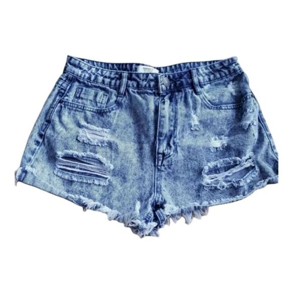 Forever 21 Blue Denim High-Rise Jean Shorts Size 28 Ripped Frayed Raw Hem Casual - Picture 1 of 10